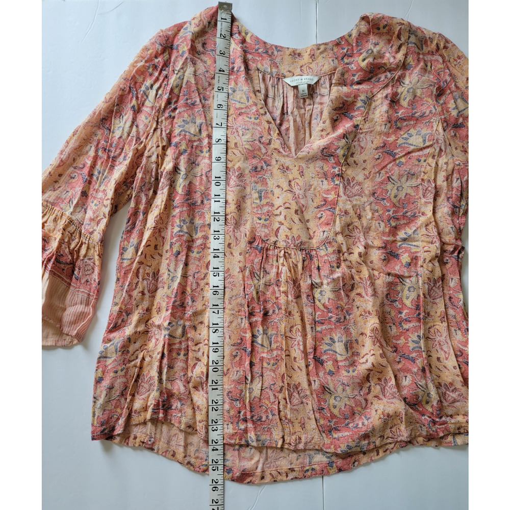 Lucky Brand Womens M Peach Floral Paisley Bell Sleeve Boho Blouse Viscose - Picture 3 of 7